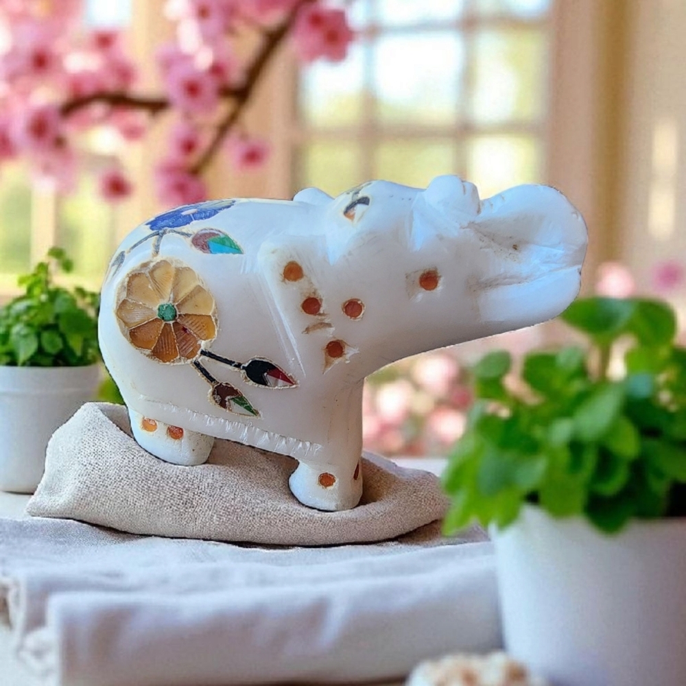 Hand Carved White Marble Elephant w/ Gemstone Inlay Decoration - Upturned Trunk - Picture 2 of 6